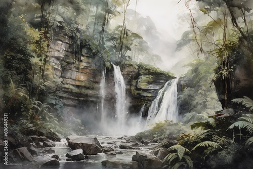 stunning waterfall surrounded by lush green forest. Generative AI