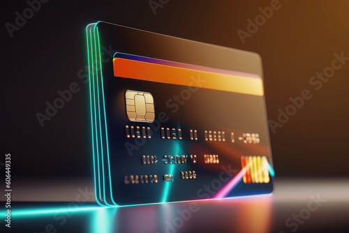 glowing credit debit card on a black background. bank payment system. money and loans. AI generative photo