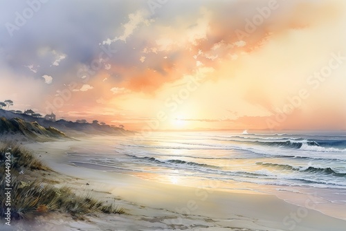 Beautiful sunset over the ocean with soft hues of pink, purple and orange. Watercolor Painting. Generative AI © MstAsma