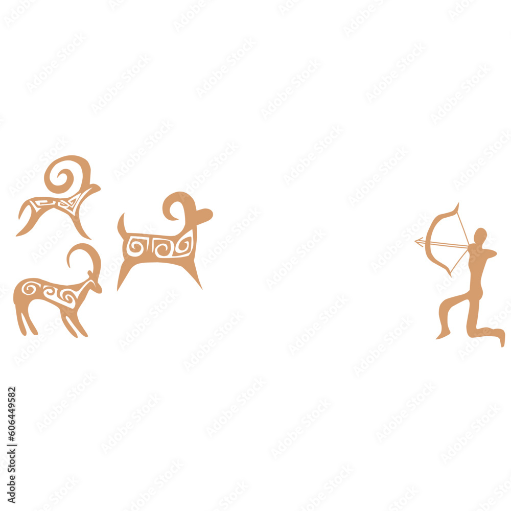 Stylised kazakh petroglyphs of animals, goats and sheeps, and a hunter with pattern