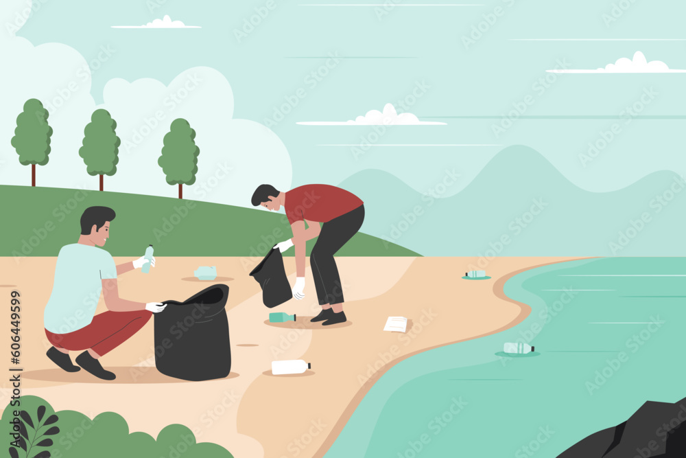 Flat design of people cleaning up beach from wastes. Illustration for website, landing page, mobile app, poster and banner. Trendy flat vector illustration
