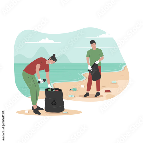 Flat design of people's clean up trash at sea beach. Illustration for website, landing page, mobile app, poster and banner. Trendy flat vector illustration