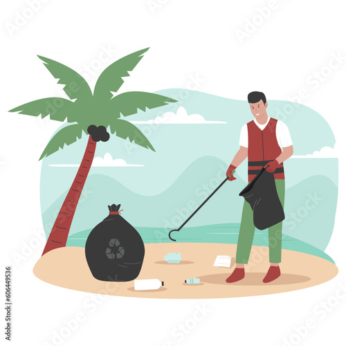 Flat design of beach workers clean up trash on the beach. Illustration for website, landing page, mobile app, poster and banner. Trendy flat vector illustration