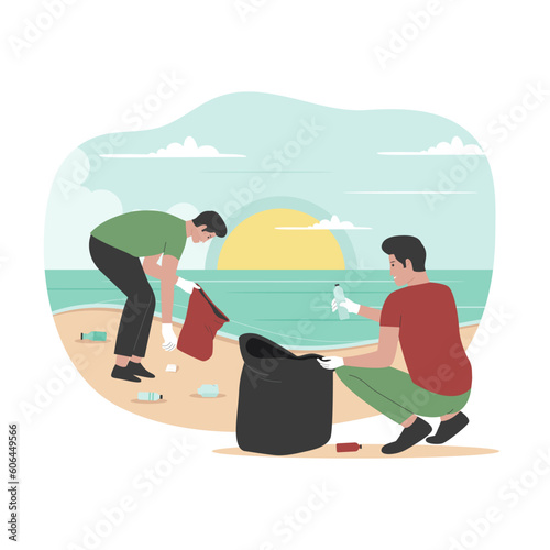 Flat design of people cleaning up beach from wastes. Illustration for website, landing page, mobile app, poster and banner. Trendy flat vector illustration