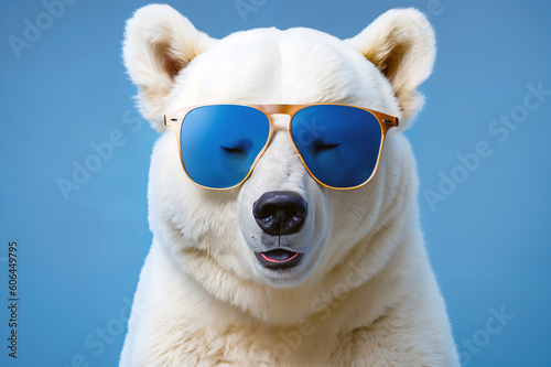 Portrait of polar bear wearing sunglasses close-up. The most dangerous animal of the Arctic region. generative ai. © winning7799