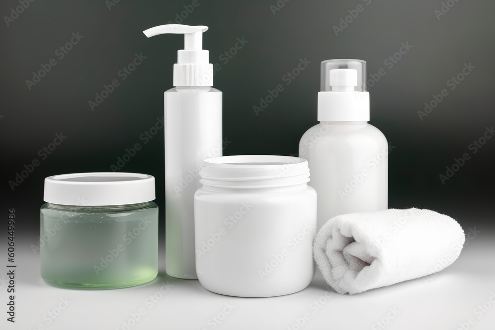 Cosmetic containers, blank label package for branding mock-up. Moisturizing cream, liquid soap or shampoo, tonic, face and body skin care. Natural green organic beauty product, generate ai Cosmetic containers, blank label package for branding mock-up. Moisturizing cream, liquid soap or shampoo, tonic, face and body skin care. Natural green organic beauty product, generate ai