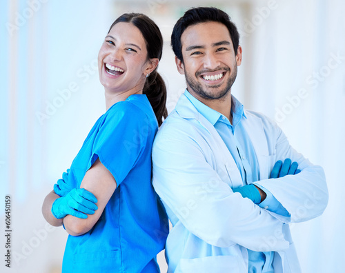 Dentist, laugh portrait and arms crossed with assistant and funny joke at dental office and clinic. Comedy, woman and healthcare professional with happiness and laughing in workplace with smile