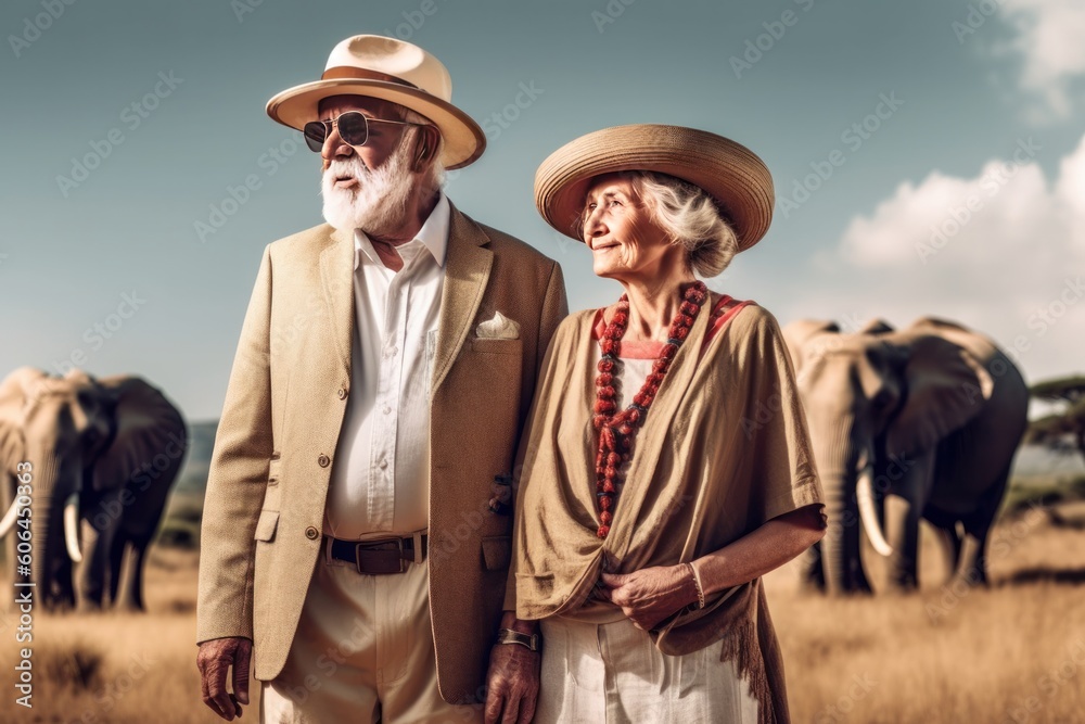 Happy seniors traveling in Africe, Generative AI