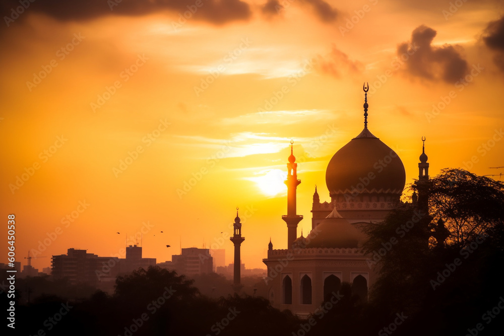 A majestic sunset silhouette of a mosque, Eid-al-Adha, bokeh Generative AI