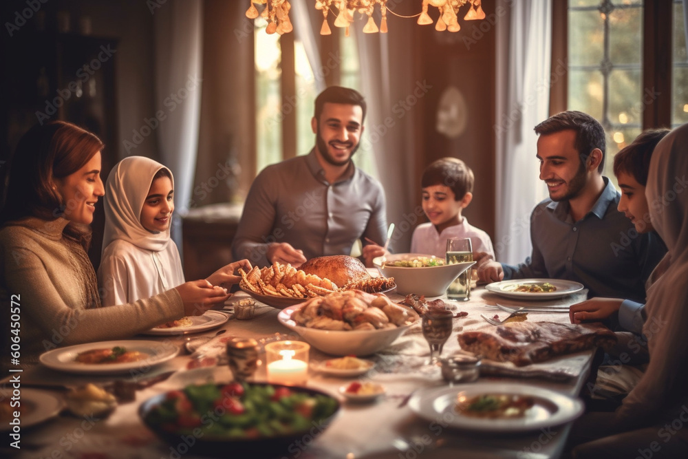 A family gathered around a beautifully set dinner table, Eid-al-Adha, bokeh Generative AI A family gathered around a beautifully set dinner table, Eid-al-Adha, bokeh Generative AI