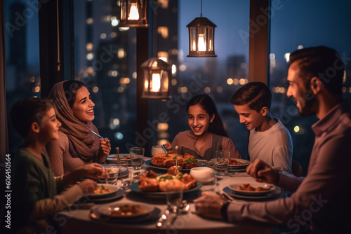 A family gathered around a beautifully set dinner table  Eid-al-Adha  bokeh Generative AI