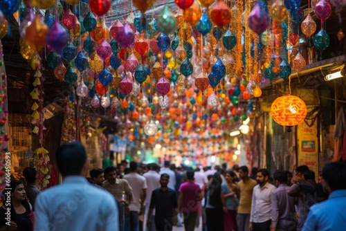A vibrant market scene filled with colorful decorations and stalls, Eid-al-Adha, bokeh Generative AI © Катерина Євтехова