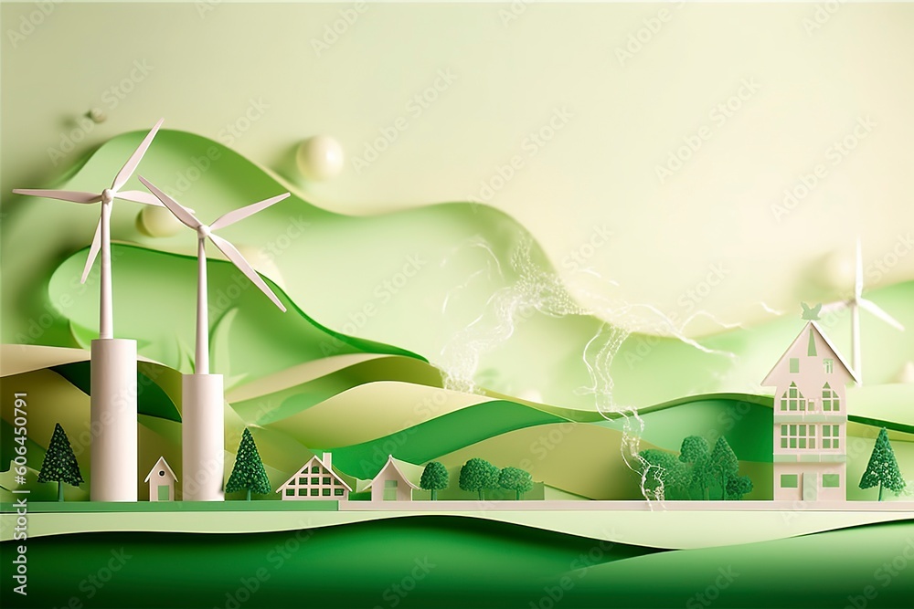 Paper art, renewable energy with green energy such as wind turbines, Renewable energy by 2050 Carbon neutral energy - obrazy, fototapety, plakaty 