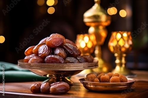 A beautiful arrangement of dates and traditional sweets, Eid-al-Adha, bokeh Generative AI