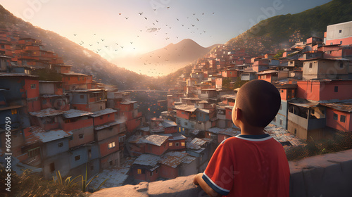  Boy flying a kite in overcrowded slums with square multistory houses and shops built of wood and brick. generate ai photo