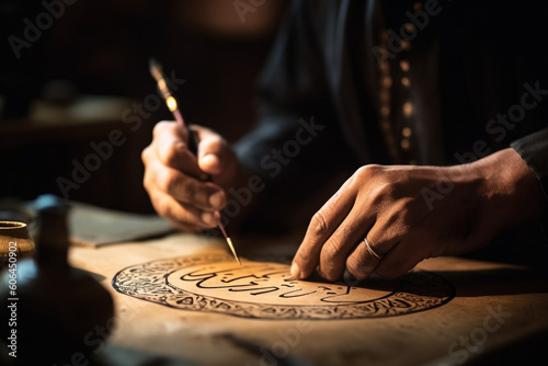 A traditional calligrapher showcasing their artistry, Eid-al-Adha, bokeh Generative AI