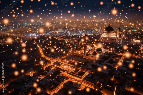 A stunning aerial view of a bustling cityscape adorned with festive lights, Eid-al-Adha, bokeh Generative AI