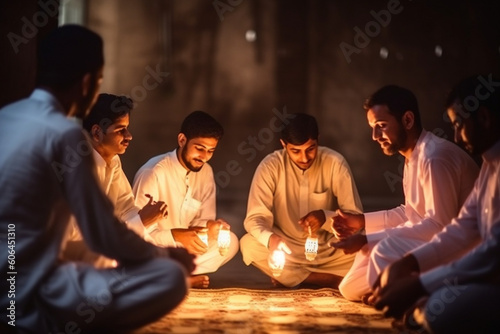 A group of people engaged in a friendly game of traditional storytelling or poetry recitation, Eid-al-Adha, bokeh Generative AI
