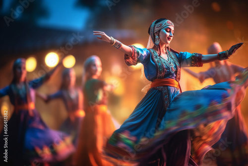 A stunning capture of a traditional dance performance, showcasing vibrant costumes and graceful movements, Eid-al-Adha, bokeh Generative AI