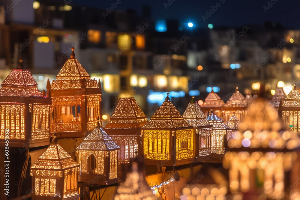 A stunning display of decorative lights adorning houses and streets, creating a festive ambiance, Eid-al-Adha, bokeh Generative AI