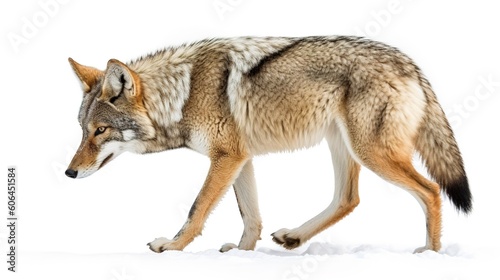 A lone coyote Canis latrans isolated on white background