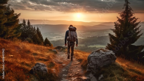 Hiker with backpack hiking on the top of a mountain - Man walking on forest path at sunset - Focus on the guy - sunset in the mountains, Generative AI