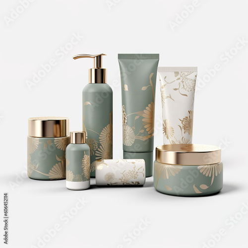 A set of cosmetic skin care products with gold shapes on white background. Cream and spray skin care. 3D Render