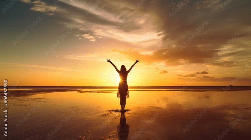 Happy woman with arms up enjoy freedom at the beach at sunset. Wellness, success, freedom and travel concept, silhouette of a girl standing on the beach - obrazy, fototapety, plakaty 