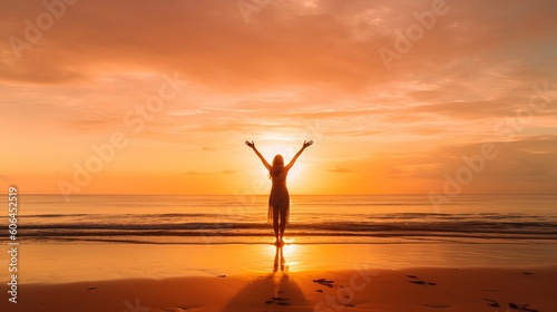Happy woman with arms up enjoy freedom at the beach at sunset. Wellness, success, freedom and travel concept, Generative AI