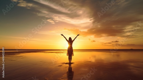 Happy woman with arms up enjoy freedom at the beach at sunset. Wellness, success, freedom and travel concept, silhouette of a girl standing on the beach