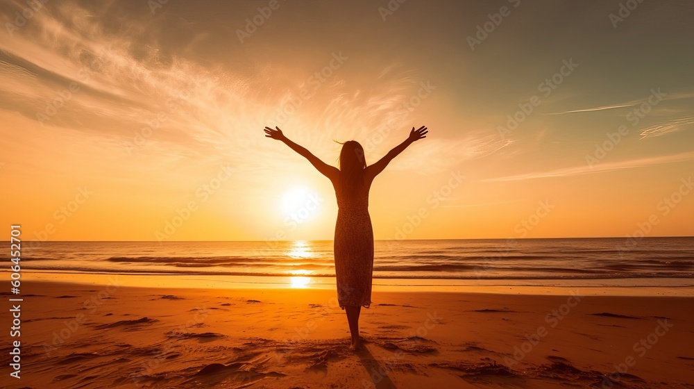 Happy woman with arms up enjoy freedom at the beach at sunset. Wellness, success, freedom and travel concept, sunset on the beach, Generative AI