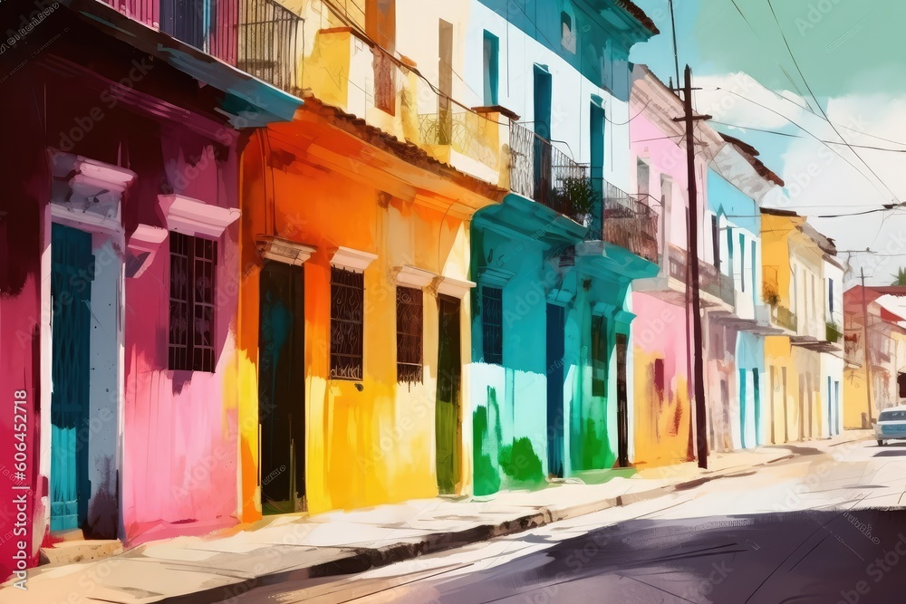 Abstract art. Timeless Palette: Colorful Painting Immersed in the Charm of an Old Town Street Scene