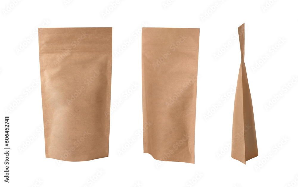 Craft paper pouch bag front and back view isolated on white background.
