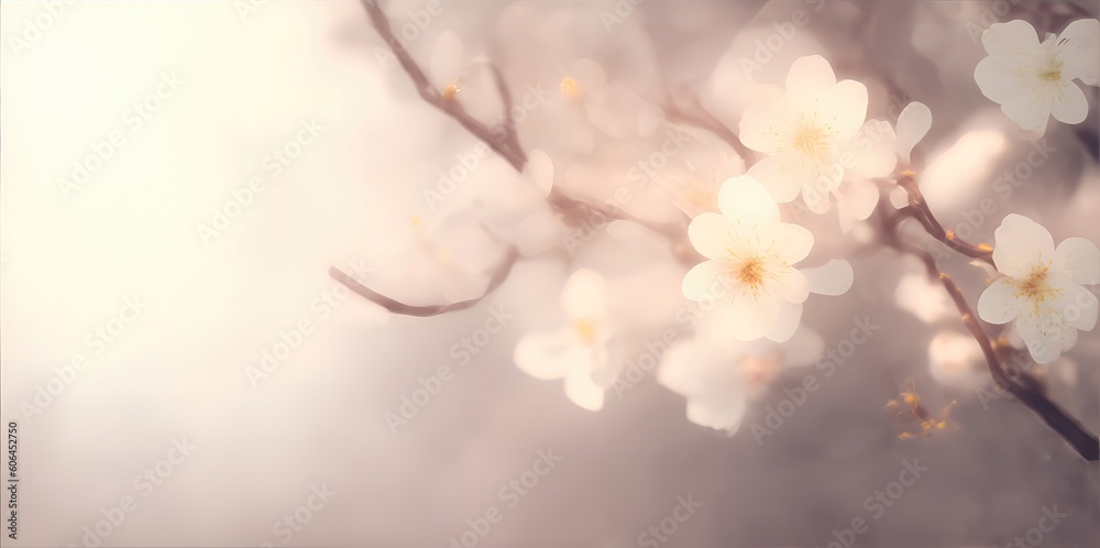Fototapeta premium Branch of flowers on a light pastel background, space for text.