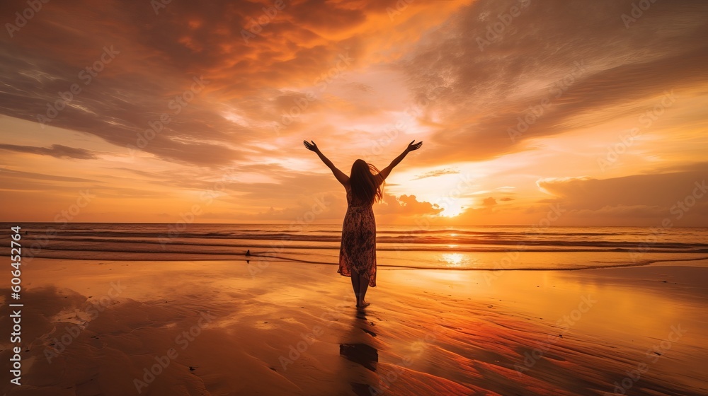 Happy woman with arms up enjoy freedom at the beach at sunset. Wellness, success, freedom and travel concept, silhouette of a person in the sunset, Generative AI