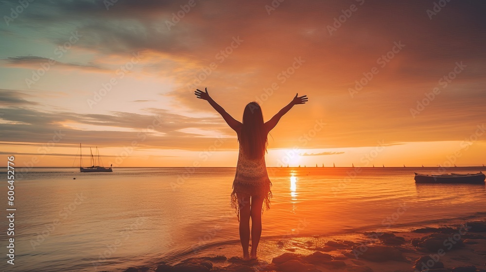Happy woman with arms up enjoy freedom at the beach at sunset. Wellness, success, freedom and travel concept, silhouette of a girl on the beach at sunset, Generative AI