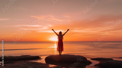 Happy woman with arms up enjoy freedom at the beach at sunset. Wellness, success, freedom and travel concept, silhouette of a person in the sunset, Generative AI