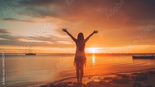 Happy woman with arms up enjoy freedom at the beach at sunset. Wellness, success, freedom and travel concept, silhouette of a girl on the beach at sunset, Generative AI