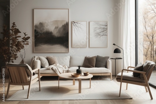 Minimalist Scandinavian Living Room with Large Wall created with generative ai technology © ArtiStock