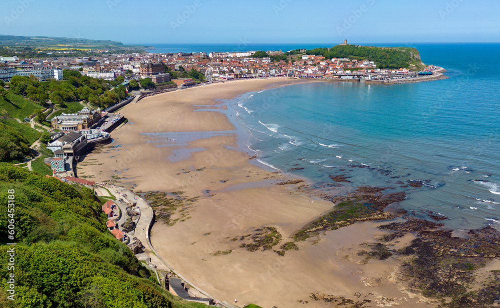 Aerial view from South Cliff of Scarborough in North Yorkshire in the northeast of England.