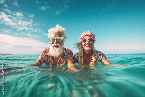 Happy seniors traveling in island, ocean, Generative AI