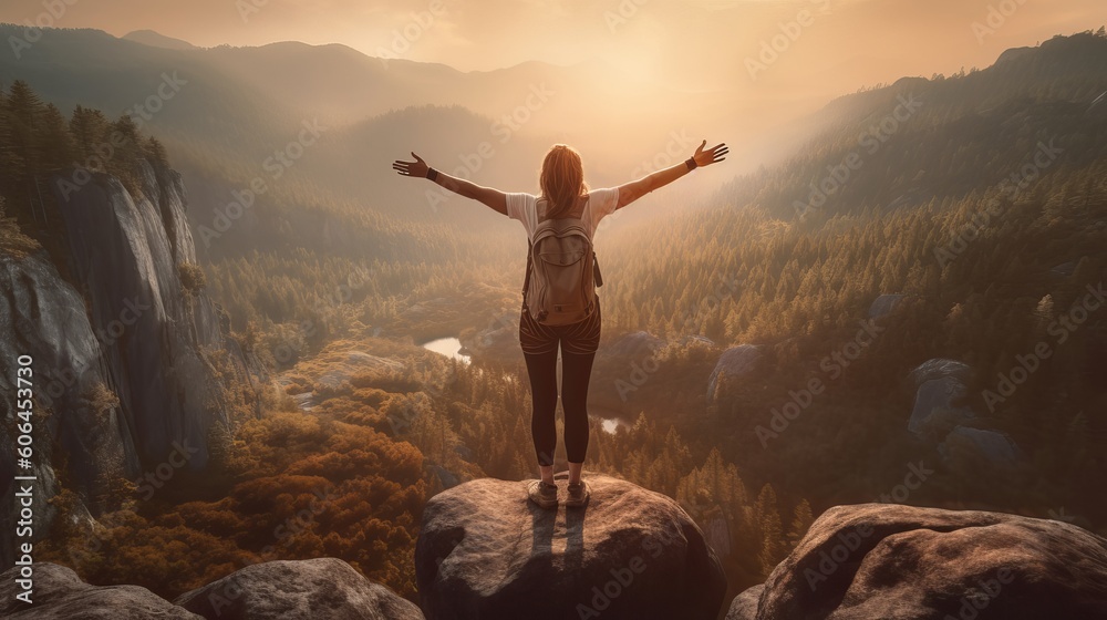 Happy female hiker standing on a cliff with her arms up in the air feeling free, girl with arms outstretched, Generative AI