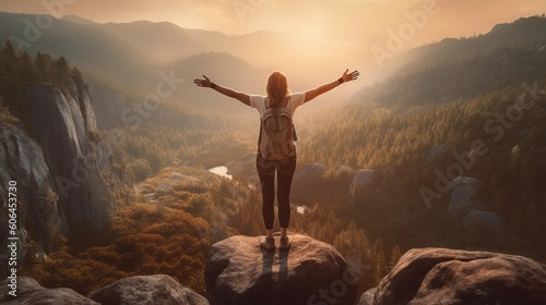 Happy female hiker standing on a cliff with her arms up in the air feeling free, girl with arms outstretched, Generative AI © Ameer