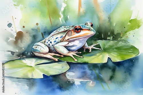 Create a whimsical painting of a frog sitting on a lily pad watercolor painting