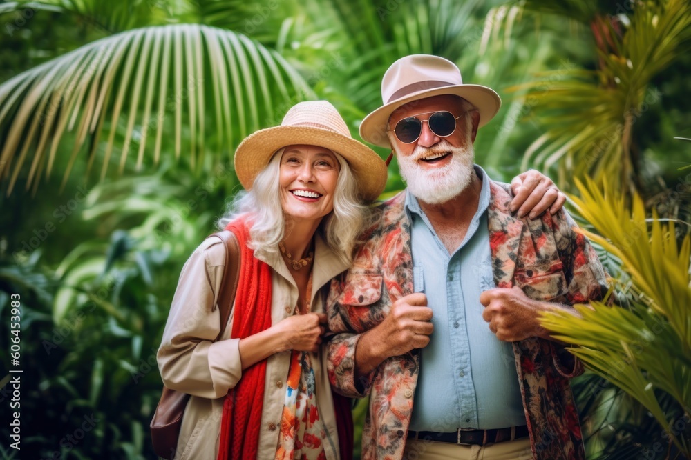 Happy seniors traveling in jungles Asia, Generative AI