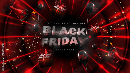 Black friday sale banner background with realistic gift box and balloons with ribbon gold luxury on light line neon. 3d vector illustration.