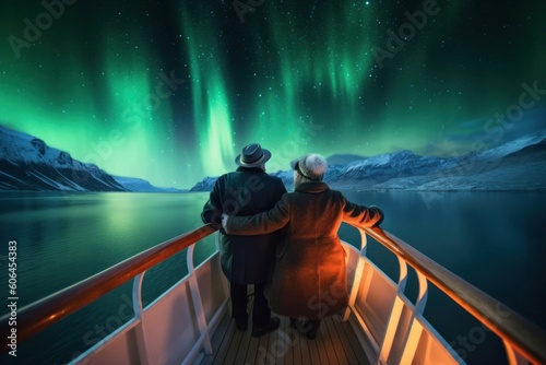 Happy seniors traveling in Norway  Northern Lights  Generative AI