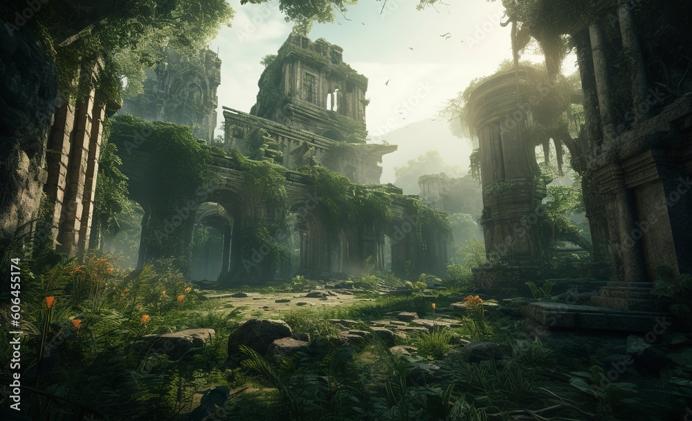 Generative AI illustration of ancient temple ruins in a jungle Generative AI illustration of ancient temple ruins in a jungle