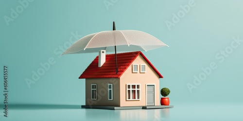A model home with an umbrella over it, symbolizing home insurance, concept of Protection, created with Generative AI technology