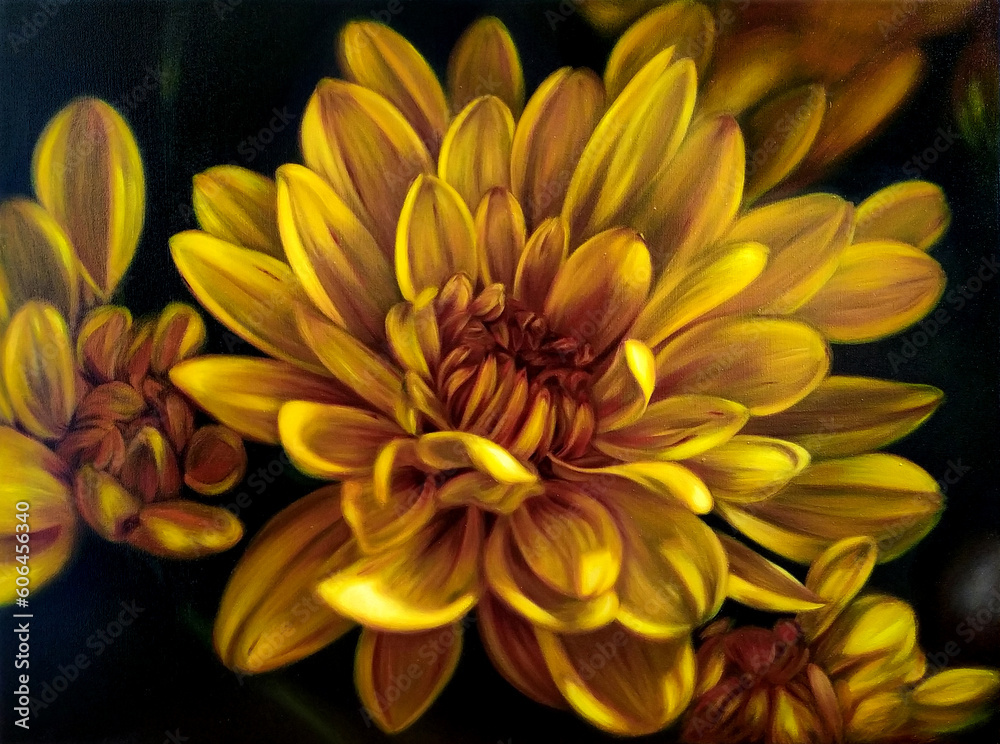 This painting features yellow chrysanthemums, vibrant and radiant against a contrasting background. The flowers exude a sense of warmth and beauty. This painting features yellow chrysanthemums, vibrant and radiant against a contrasting background. The flowers exude a sense of warmth and beauty.